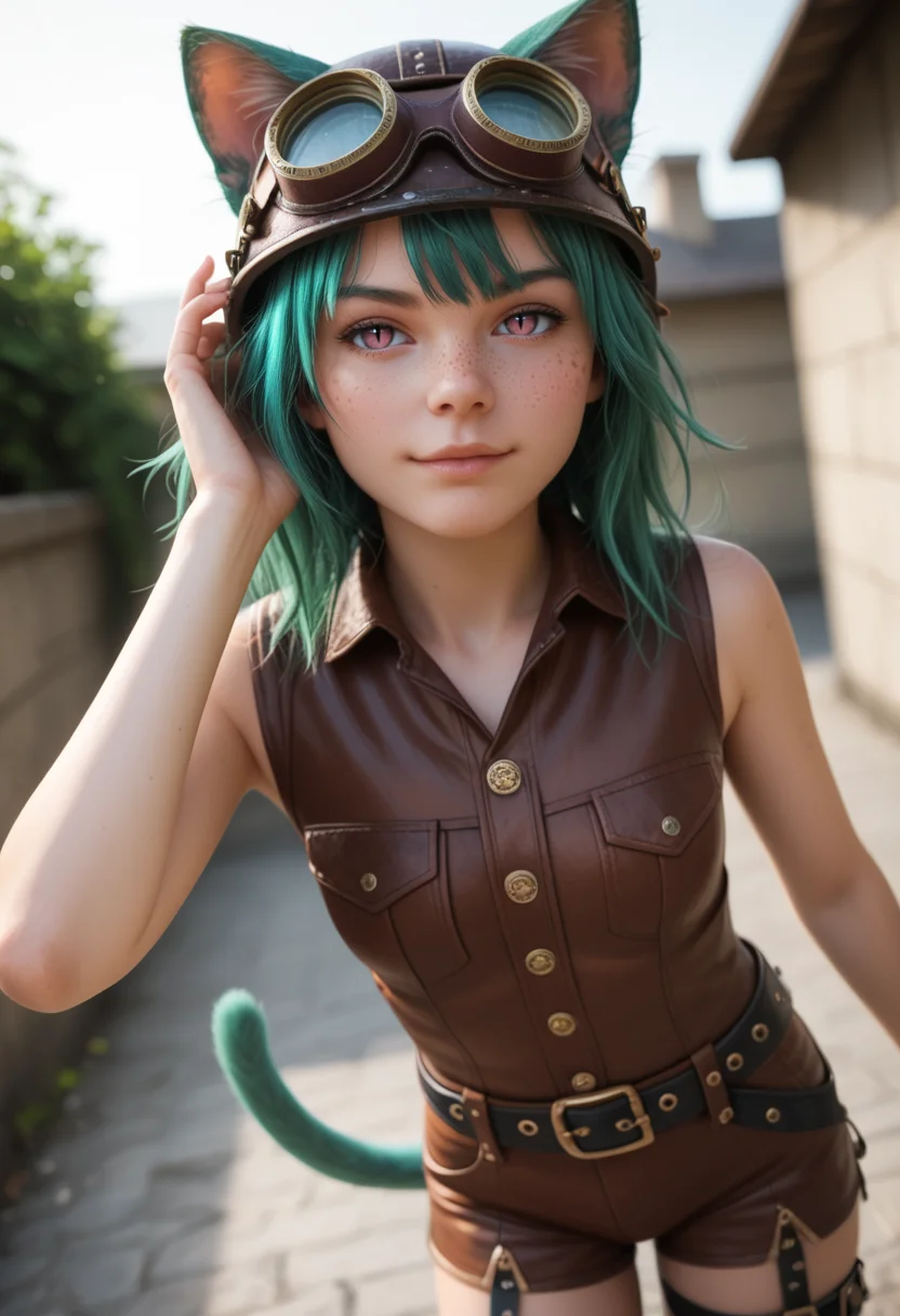 score_9, score_8_up, score_7_up, score_6_up, outdoors, detailed background, dungeon, volumetric lighting, ultra hd, subsurface scattering  BREAK 
1girl, solo,  cat girl, mint-green fur, animal ears, cat ears, cat tail, pale skin, freckles, black pupils, slit pupils, mint-green hair, turquoise hair, bangs, sidelocks, small nose, flat nose, small breasts, BREAK pink eyes,(leather helmet:1.2), steampunk goggles,  outdoors, belt, sleeveless vest, brown vest, shorts, leather leg straps, sheath(knife), looking at viewer, <lora:Vixon_detailed:0.4> d3t41l3d, lean, dynamic pose, dutch angle, closed mouth, smug, idle, pose, cat tail