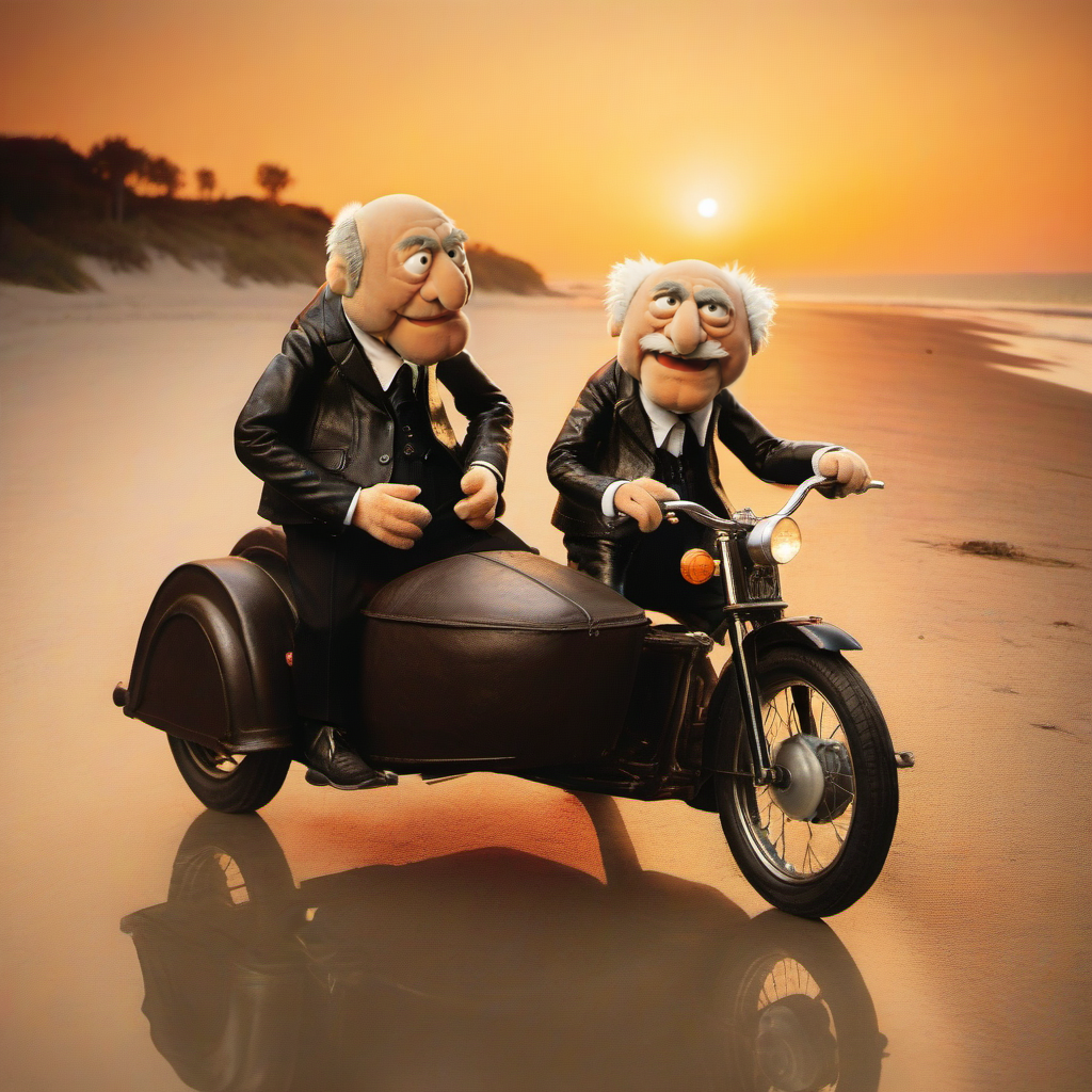 full body portrait of 2 old bald muppets, one with mustache, black leather jacket, riding harley davidson sidecar, beach, sunset  <lora:StatlerWaldorf1024-000120:0.9>