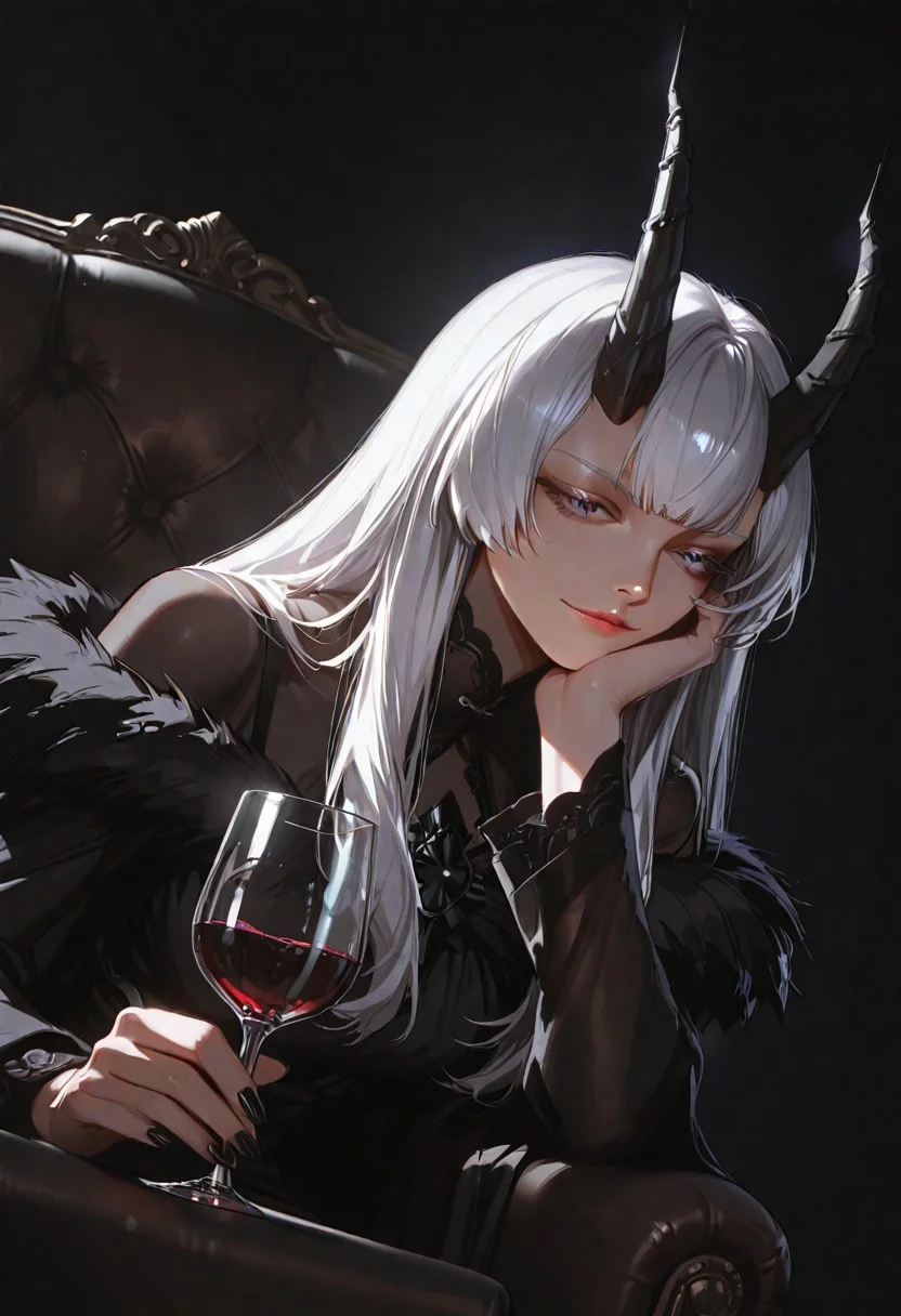 masterpiece, best quality, (anime coloring), (minimalism:0.8), Seris_Vritra_NYX, 1girl, purple eyes, black dress, perfect face, smooth skin, white hair, long hair, bangs, black horns, medium breast, long sleeves, head rest, black nails, solo, elegant dress, armchair, looking at viewer, cup, drinking glass, upper body, holding, holding cup, on armchair, sitting, white background, wine, wine glass, black dress, fur trim, lips, straight hair, breasts, light smile, nose, eyelashes, dynamic angle, high contrast, spotlight effect, cinematic lighting