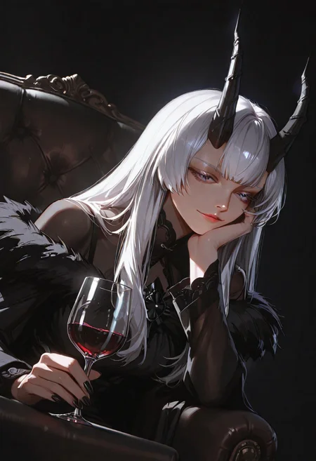 masterpiece, best quality, (anime coloring), (minimalism:0.8), Seris_Vritra_NYX, 1girl, purple eyes, black dress, perfect face, smooth skin, white hair, long hair, bangs, black horns, medium breast, long sleeves, head rest, black nails, solo, elegant dress, armchair, looking at viewer, cup, drinking glass, upper body, holding, holding cup, on armchair, sitting, white background, wine, wine glass, black dress, fur trim, lips, straight hair, breasts, light smile, nose, eyelashes, dynamic angle, high contrast, spotlight effect, cinematic lighting