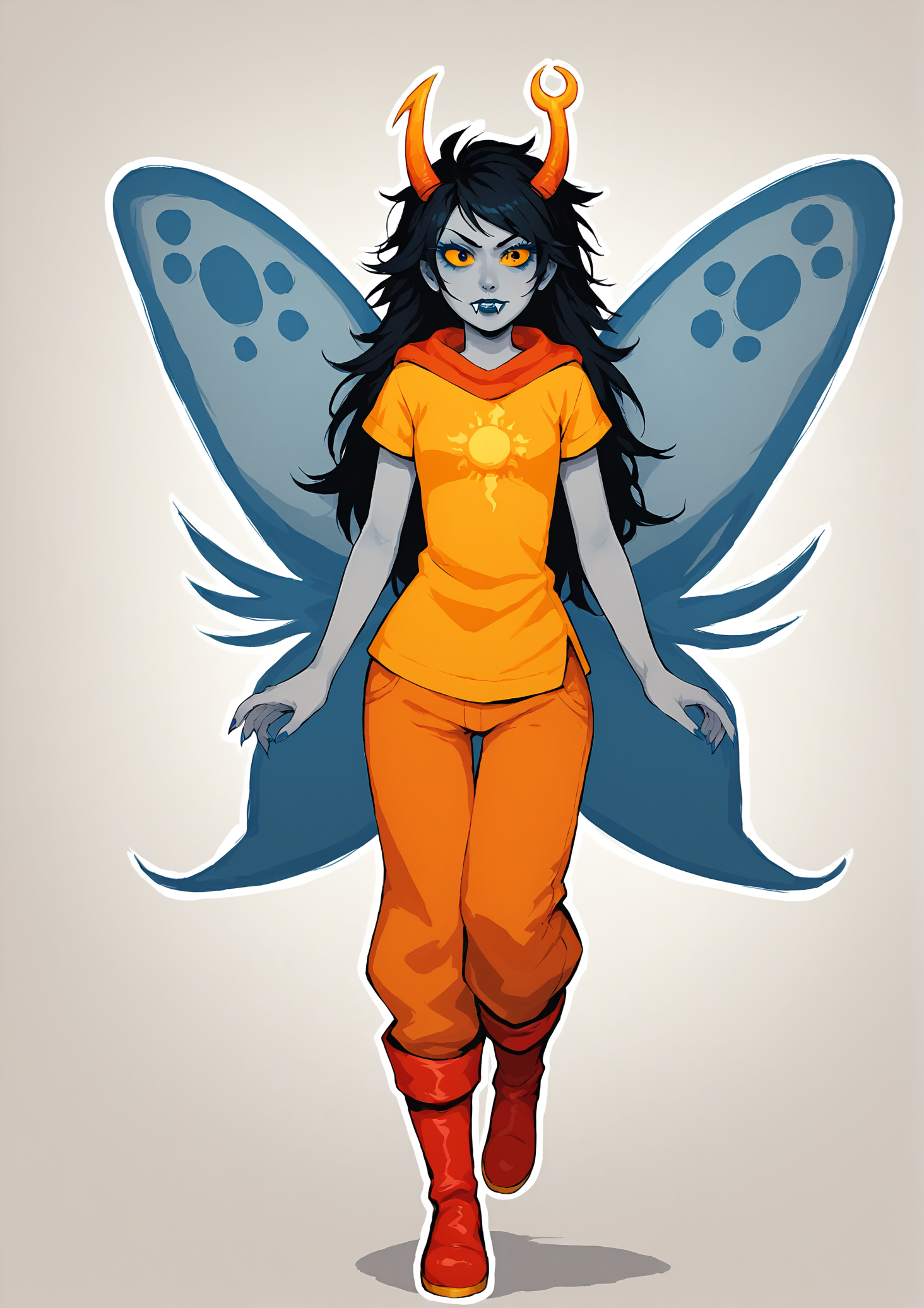 score_9, score_8_up, score_7_up, score_6_up, score_5_up, score_4_up, 2d, anime, anime artstyle, simple shadows, flat coloring, flat shadows, thick lines, white outline, expressive, high definition face, high definition eyes, yellow sclera, grey skin, wide hips, curvy, <lora:Vriska_Serket_Homestuck_-_Variant_outfits_-_SDXL_Pony:0.85>, vriskaserket, vriskagod, 1girl, solo, long hair, black hair, blue hair, boots, wings, horns, teeth, makeup, colored skin, fangs, sharp teeth, lipstick, colored sclera, grey skin, yellow sclera, butterfly wings, orange clothes BREAK source_anime