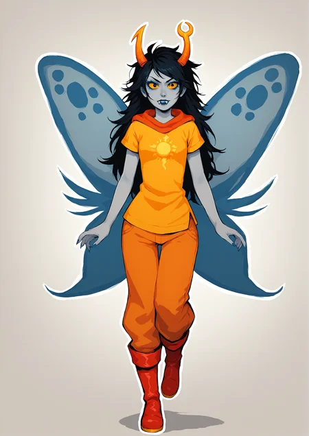 score_9, score_8_up, score_7_up, score_6_up, score_5_up, score_4_up, 2d, anime, anime artstyle, simple shadows, flat coloring, flat shadows, thick lines, white outline, expressive, high definition face, high definition eyes, yellow sclera, grey skin, wide hips, curvy, <lora:Vriska_Serket_Homestuck_-_Variant_outfits_-_SDXL_Pony:0.85>, vriskaserket, vriskagod, 1girl, solo, long hair, black hair, blue hair, boots, wings, horns, teeth, makeup, colored skin, fangs, sharp teeth, lipstick, colored sclera, grey skin, yellow sclera, butterfly wings, orange clothes BREAK source_anime