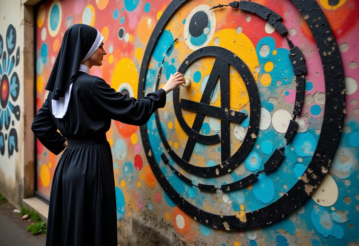 nun spraying anarchy on a wall
