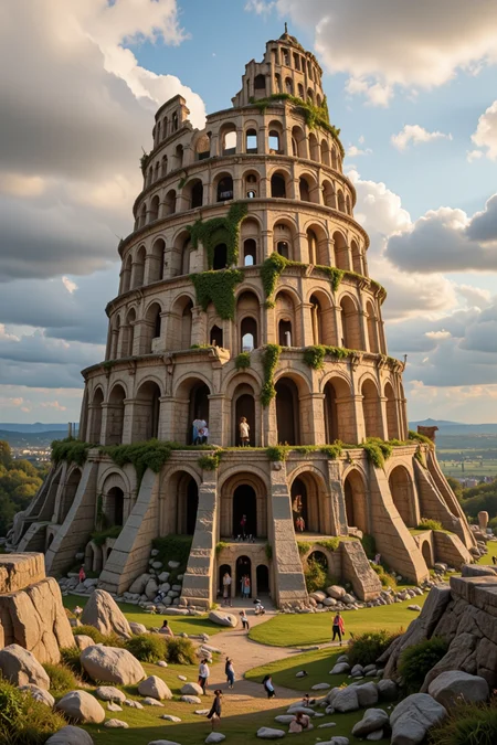 <lora:tower-of-babel-flux-d:1.6>
The Tower of Babel lies in majestic ruin, its once-mighty spirals collapsed into massive broken arches. Ivy creeps over the cracked stone, and the wind whistles through hollow chambers. A warm, golden light filters through the clouds, illuminating what remains of a civilizationâs ambition. Birds nest in crevices where languages once clashed. Romantic ruin aesthetic, no watermark or text.