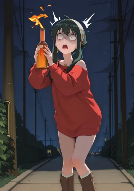 embedding:IllusP0s, g00se, molotov_\(weapon\), lit rag, holding, 1girl, yor forger_\(spy x family\), (surprised, scared) outdoors, night, red sweater, solo,<lora:molotov_weapon_ill-000007.safetensors:1.0:1.0> <lora:g00se_v2_ill.safetensors:1:1>