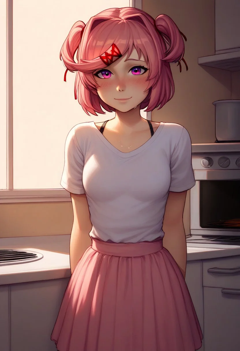 score_9, score_8_up, score_8_up, 1girl, Natsuki Doki Doki Literature Club, solo female, cute girl, pink hair, short hair, white T-shirt, black bra strap, pink skirt, fluffy skirt, looking at viewer, beautiful pink eyes, blush, happy smile, excited, sweaty skin, small breasts, neon, cowboy shot
BREAK
white kitchen, beautiful kitchen, oven, microwave, table, open house, (godrays)