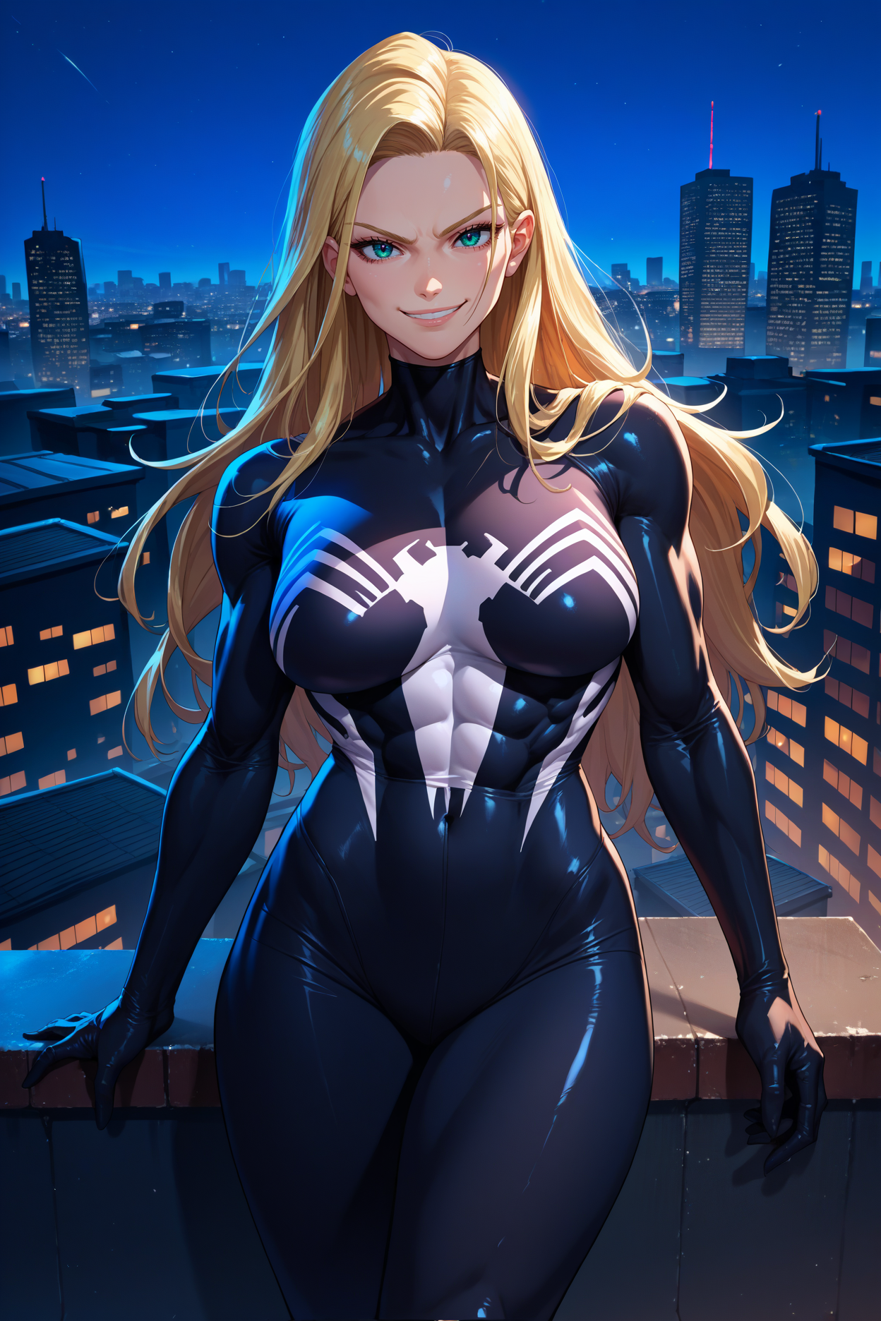 score_9, score_8_up, score_7_up, score_6_up, source_anime, 1girl, solo, <lora:shevenom-pdxl-nvwls-v1-000006:1> shevnm, blonde hair, long hair, black bodysuit, large breasts, all rooftop, looking at you, smirk, night, city, toned