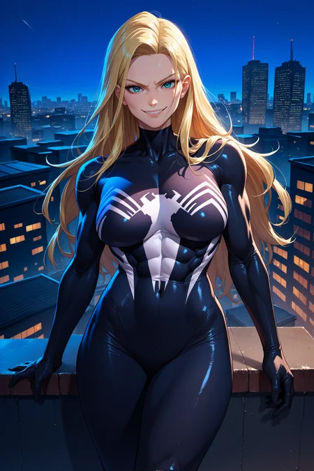 score_9, score_8_up, score_7_up, score_6_up, source_anime, 1girl, solo, <lora:shevenom-pdxl-nvwls-v1-000006:1> shevnm, blonde hair, long hair, black bodysuit, large breasts, all rooftop, looking at you, smirk, night, city, toned