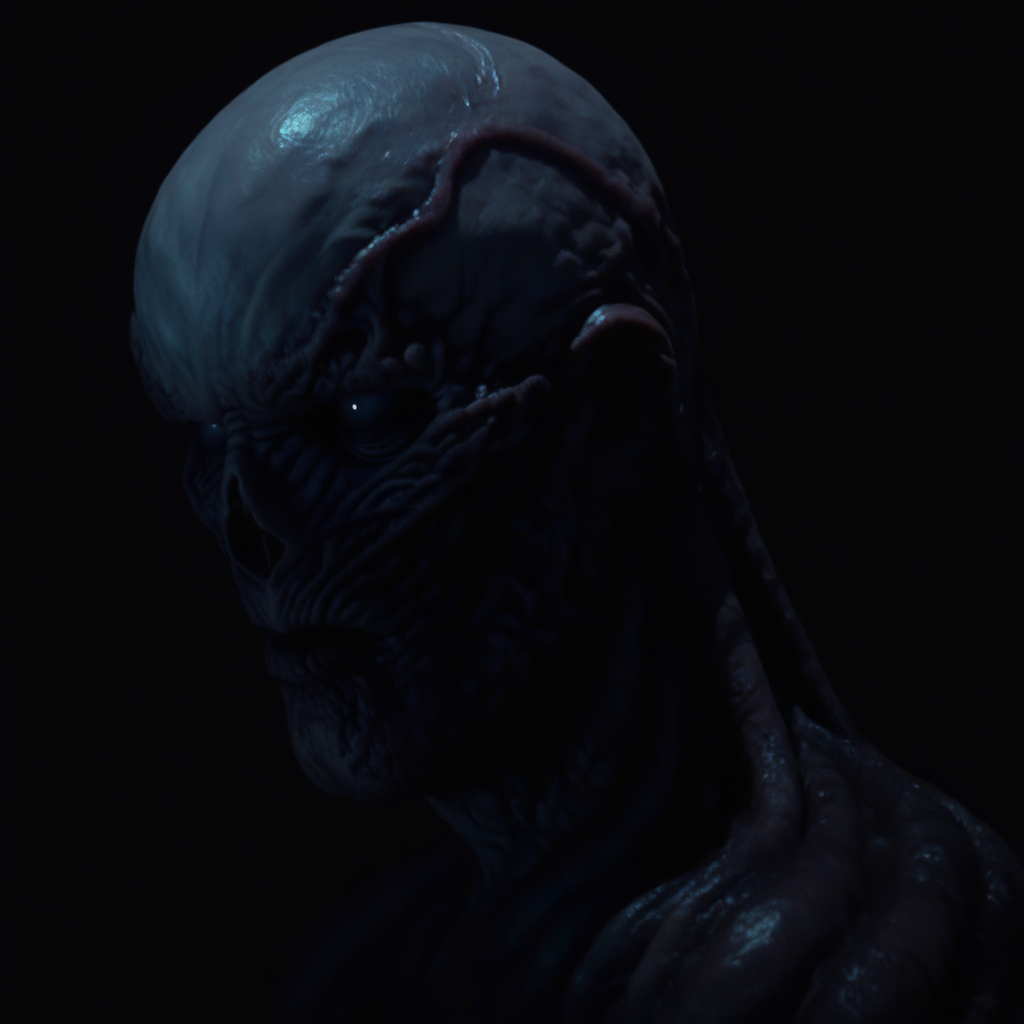 vecnastrangerthings, vecnastrthg, vecstrangthing, portrait of a character, undead humanoid with decayed skin and exposed muscle tissue, bald head, hollow nose cavity, gray eyes without pupils, twisted anatomy, slimy texture, blackened veins, no clothing, horror lighting, subtle rim light, neutral dark background, cinematic composition, ultra detailed