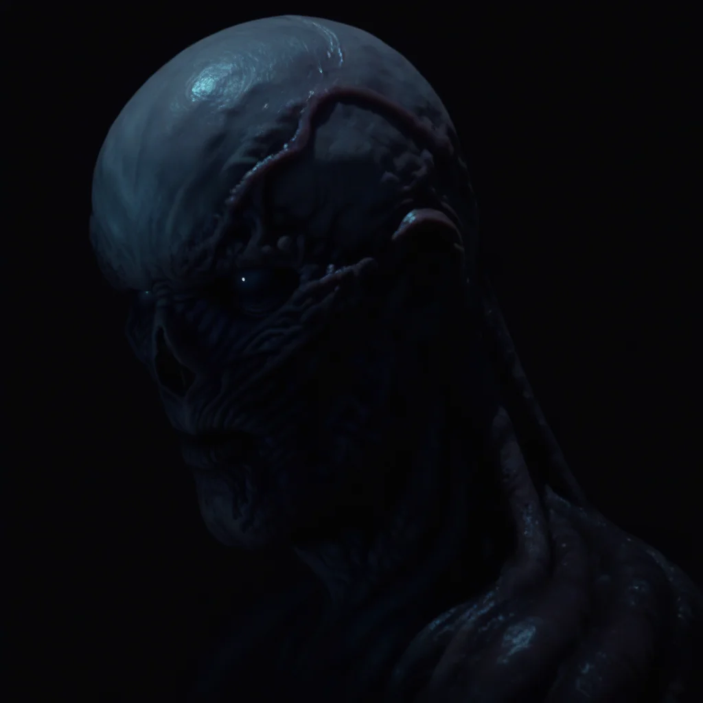 vecnastrangerthings, vecnastrthg, vecstrangthing, portrait of a character, undead humanoid with decayed skin and exposed muscle tissue, bald head, hollow nose cavity, gray eyes without pupils, twisted anatomy, slimy texture, blackened veins, no clothing, horror lighting, subtle rim light, neutral dark background, cinematic composition, ultra detailed