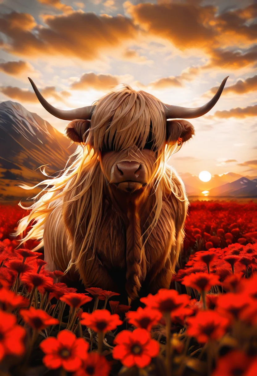 masterpiece, best quality,   (long blonde hair flowing in the wind:1),   zzCow, solo, flower, outdoors, sky, cloud, blurry, cloudy sky, red flower, scenery, sunset, ,, mountain, sun, field, flower field, year of the ox, sunrise,  hair over eyes,  ,<lora:HighlandCow_IXL:1.0>,
