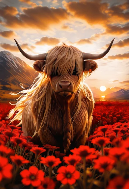 masterpiece, best quality, (long blonde hair flowing in the wind:1), zzCow, solo, flower, outdoors, sky, cloud, blurry, cloudy sky, red flower, scenery, sunset, ,, mountain, sun, field, flower field, year of the ox, sunrise, hair over eyes, ,<lora:HighlandCow_IXL:1.0>,