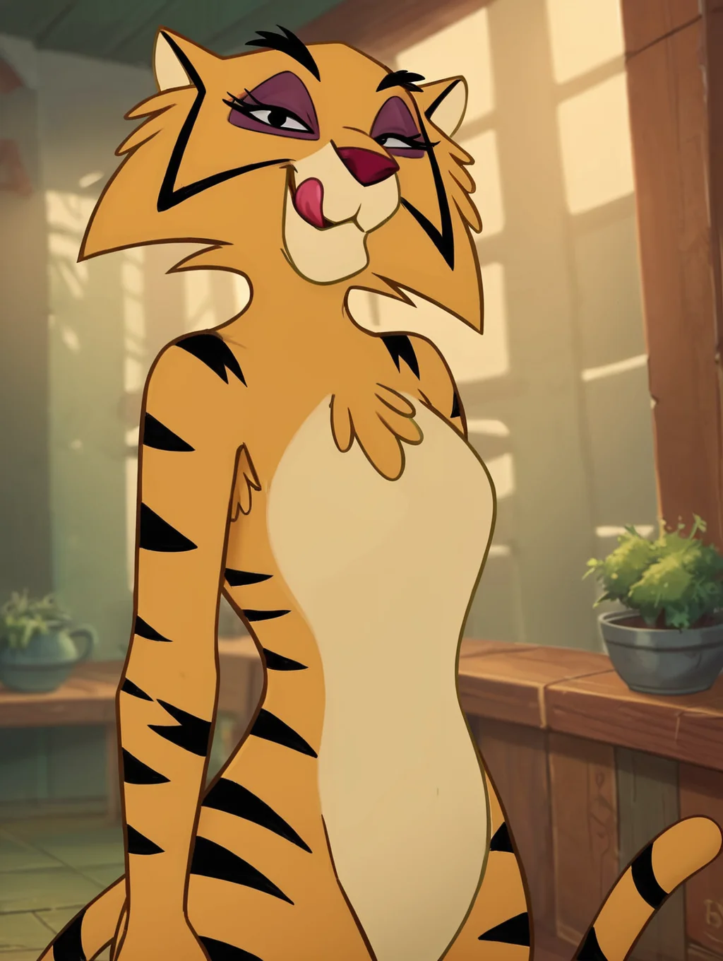score_9, score_8_up, score_7_up, (toon \(style\):1),(flat colors:1),original,ultra high quality,ultra high resolution,ultra ,(portrait:1.4), seductive,(extremely detailed), detailed background,,(masterpiece, best quality, high quality, highres, ultra-detailed),standing,outside,wooden beams, spotlight effects.,close up, cowboy shot, (interior), inside, dutch angle ,perfect eyes,perfect face,looking at viewer,, seductive eyes,seductive smile,from side,facing to the side,looking at viewer,sideways glance,
BREAK
<lora:Teresa_El_arca:0.9> teresa, tiger, tiger ears, furry, anthro, 1girl, toon (style), flat color, el arca, black stripes, long eyelashes, black eyes, yellow fur, purple eyeshadow, light yellow belly, tiger tail, smiling,flirting with viewer,licking own lips,(predatory smile:1.4),