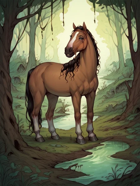 score_9, score_8_up, score_7_up, score_6_up, score_5_up,    <lora:rebeccaguayXLP:1> rebecca guay, solo, swamp, horse, feral