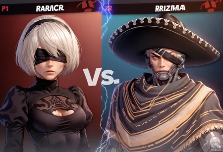 score_9, score_8_up, score_7_up, source_anime, incrsssbuvs, electricity, <lora:SSBUVSScreen_XLPD:0.5>,
BREAK  1girl, 2b \(nier:automata\), blindfold, white hair, short hair, black dress, 
BREAK 1boy,  <lora:RaidenMGR_XLPD:1>, RaidenMGRSombrero, hat, cyborg, bodysuit, eyepatch