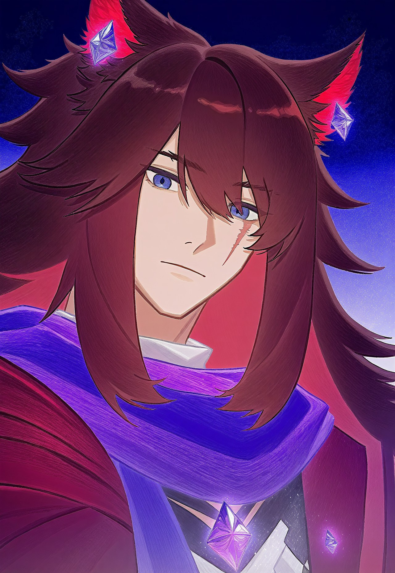 masterpiece, very aesthetic, absurdres, Chr0m1um Style, jewelry, earrings, upper body, red hair, long hair, facial hair, blue eyes, male focus, mustache, brown hair, looking at viewer, beard, 1boy, solo, animal ears, miqo'te, scarf, scar across eye, cat ears, light particles, holographic, embossed, chromium, glitter