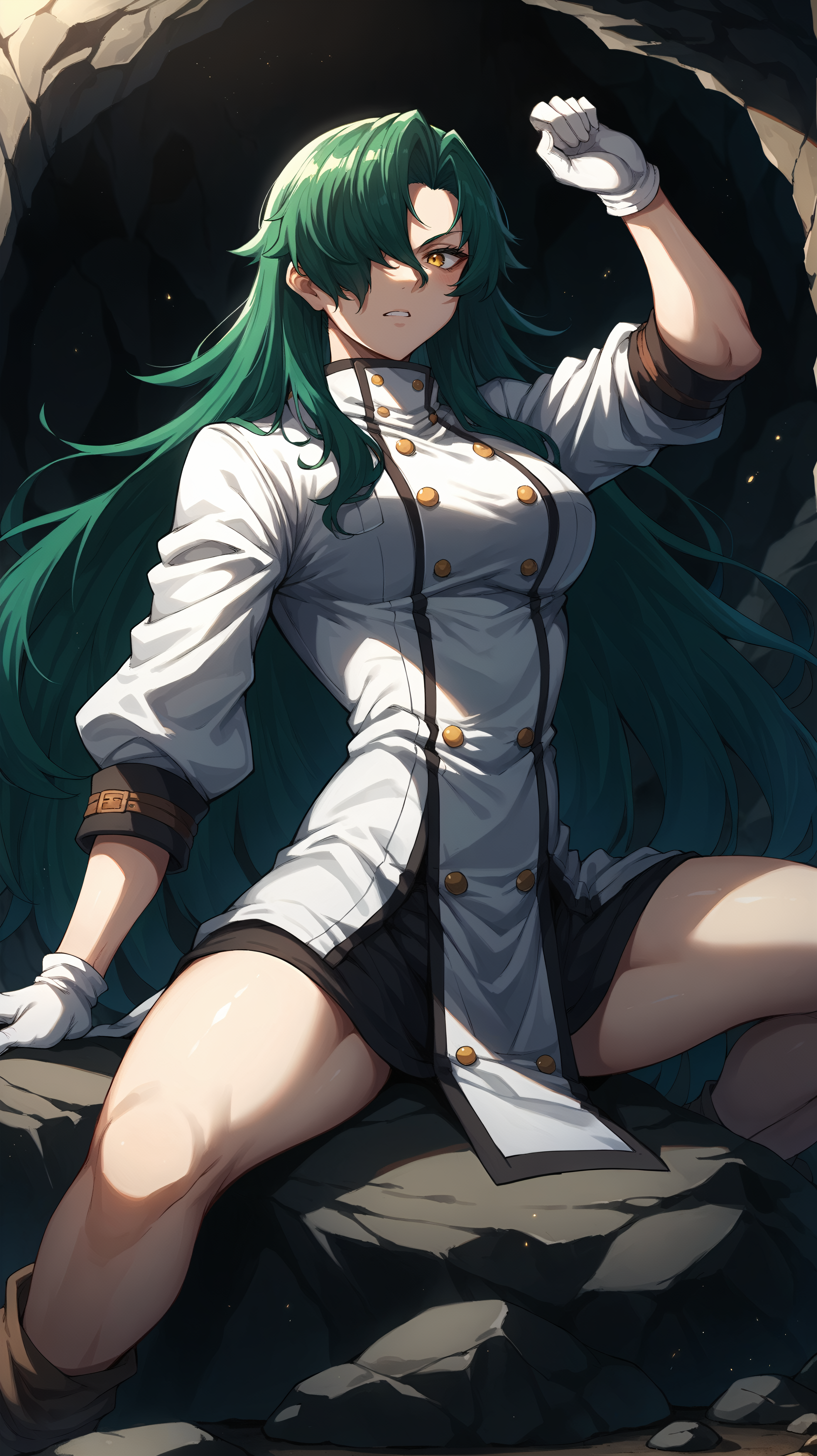 score_9,score_8_up,score_7_up,score_6_up, source_anime, zPDXL, <lora:xl_more_art-full_v1:0.5>, woman, dynamic pose,  <lora:Rose - Pony-000004:0.7>, long hair, green hair, yellow eyes, hair covering one eye, long coat, white coat, white gloves, (straddling), dark cave, cavern, rocks, stones, roots, stalagmite, stalactite,