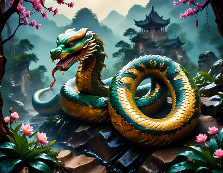 In the depths of an enchanted forest in China, a giant serpent, symbol of the Year of the Snake, emerges majestically. Its scales shimmer like jewels under the sun's rays, blending vibrant green and gold. The villagers, fascinated, gather to admire this mystical creature, believing it brings wisdom and prosperity. The serpent, guardian of ancient secrets, slowly winds around the mountains, leaving behind a trail of blooming flowers and promises of abundance. During the full moon, it will dance to the rhythm of drums, turning the night into a celebration of renewal and harmony, uniting everyone in tradition