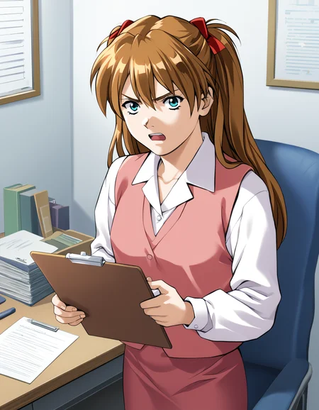 score_9, score_8_up, score_7_up, <lora:kisaku-v2-ponyxl-000010:0.85> souryuu asuka langley, pink vest, dress shirt, long sleeves, pink skirt
1girl, solo, clipboard, looking at viewer, open mouth, annoyed, desk, office