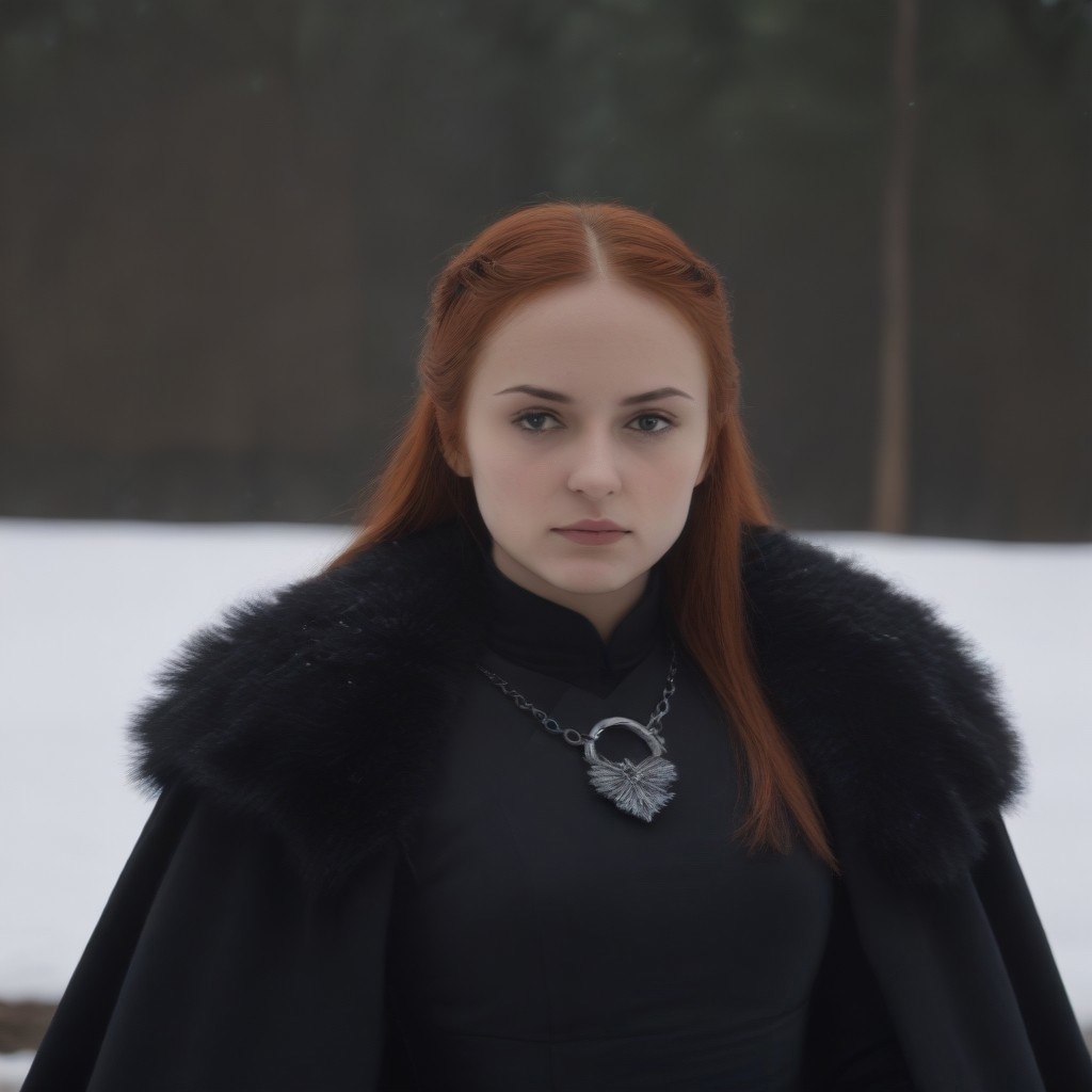 masterpiece, best quality, SansaStark, 1girl, solo, long hair, red hair, blue eyes, black dress, fur trim, cape, upper body, <lora:SansaStark_illustrious_Leaf2:1>, snow, outdoors,