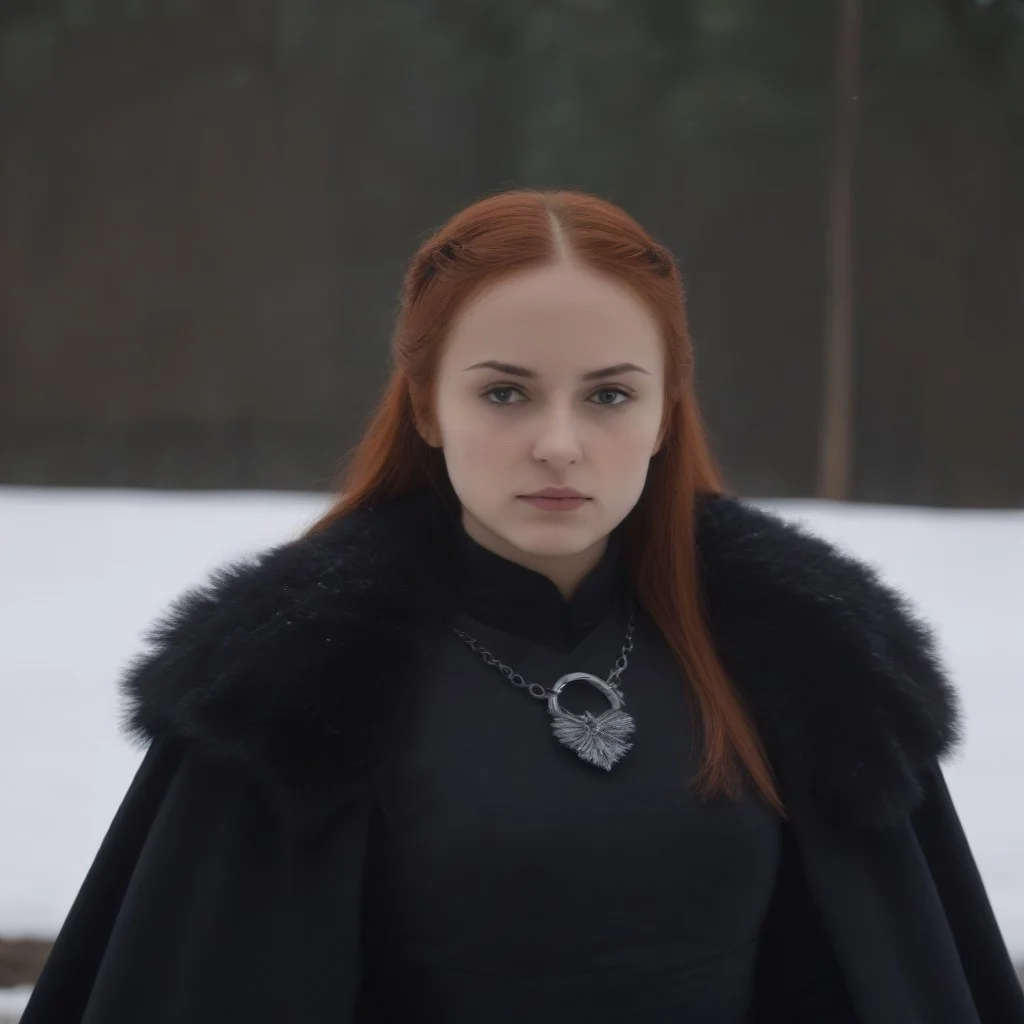 masterpiece, best quality, SansaStark, 1girl, solo, long hair, red hair, blue eyes, black dress, fur trim, cape, upper body, <lora:SansaStark_illustrious_Leaf2:1>, snow, outdoors,