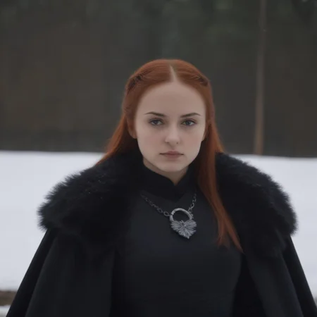 masterpiece, best quality, SansaStark, 1girl, solo, long hair, red hair, blue eyes, black dress, fur trim, cape, upper body, <lora:SansaStark_illustrious_Leaf2:1>, snow, outdoors,