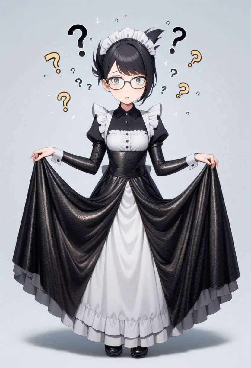 lazympos, cf_style, 1girl, solo, maid, maid headdress, long dress, carbon fiber dress, white apron, small breasts, black hair, folded ponytail, swept bangs, gray eye, glasses,  confused, ?, lifting skirt