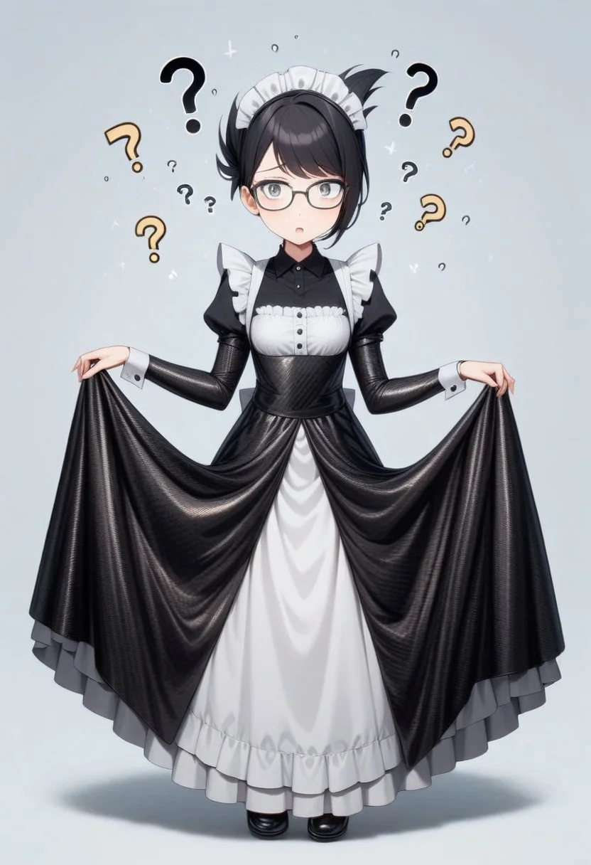 lazympos, cf_style, 1girl, solo, maid, maid headdress, long dress, carbon fiber dress, white apron, small breasts, black hair, folded ponytail, swept bangs, gray eye, glasses, confused, ?, lifting skirt
