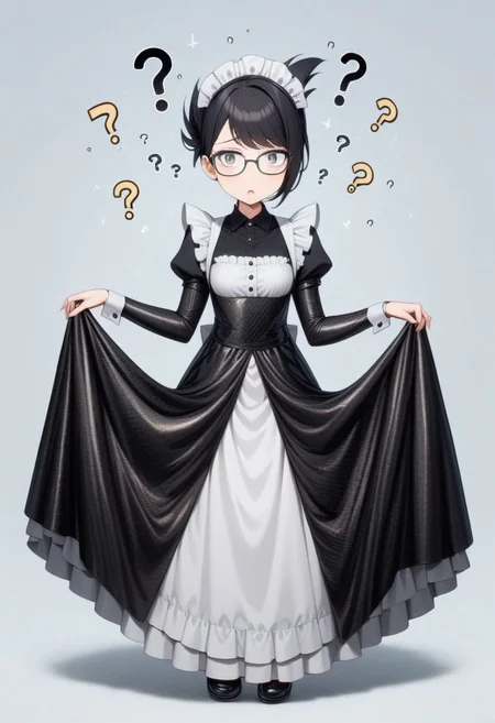 lazympos, cf_style, 1girl, solo, maid, maid headdress, long dress, carbon fiber dress, white apron, small breasts, black hair, folded ponytail, swept bangs, gray eye, glasses, confused, ?, lifting skirt
