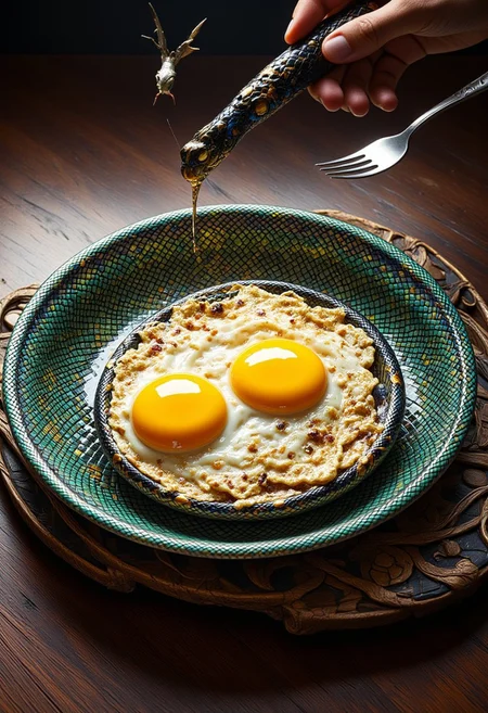 sn4k3, aidmamj6.1, anime, cyberpunk, A surreal and imaginative image of a plate of fried eggs, but instead of egg whites, the base is made of shimmering, crispy snake scales. The scales have an iridescent sheen, reflecting hues of green, gold, and black, while the yolks remain rich and golden, sitting perfectly in the center.
The dish is served on an ornate plate, possibly with decorative serpentine patterns, enhancing the mystical or exotic feel. A fork hovers nearby, emphasizing the idea that this is an unusual yet strangely appetizing meal.
The background could feature a rustic wooden table, a high-end gourmet setting, or even a mythical marketplace where such delicacies are enjoyed. The scene blends realism with fantasy, making the dish feel both bizarre and fascinating.