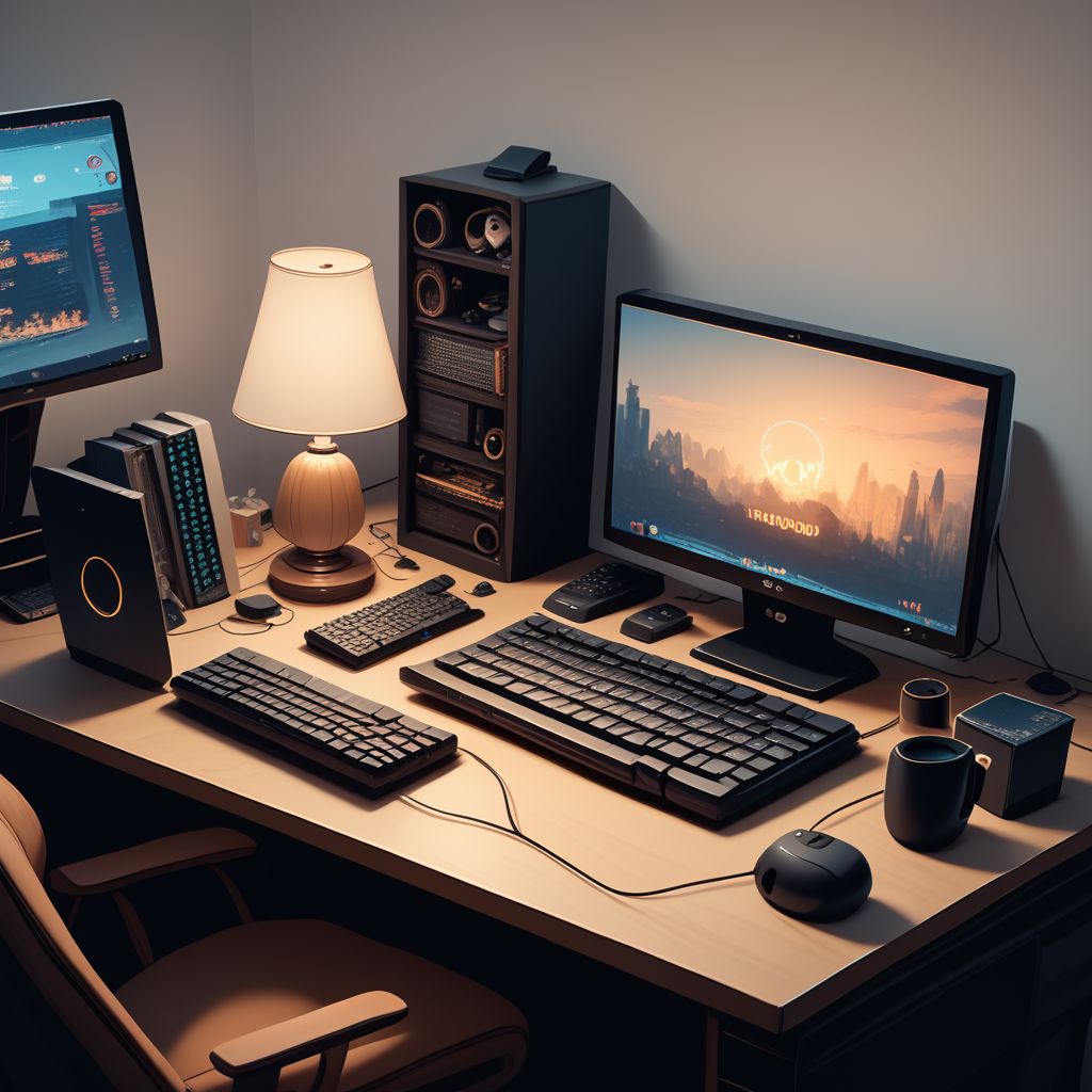 isklzks, no humans, keyboard (computer), monitor, computer, mouse (computer), lamp, indoors, no humans, isometric view, diorama, isometric, miniature, score_9, score_8_up, score_7_up, score_6_up