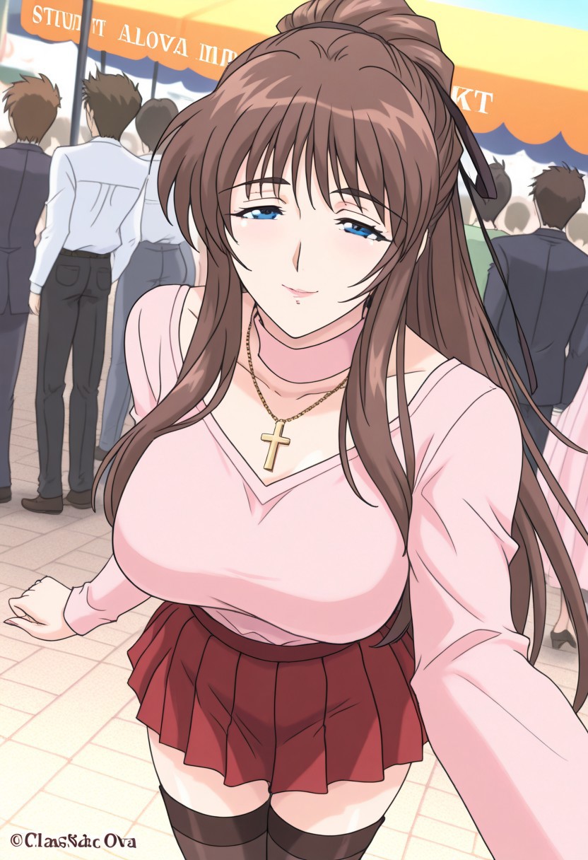masterpiece, best quality, newest, highres, uncensored, 1girl, yokota mamoru style,1girl, slender face，motion lines,Kasatani Youko OVA,long hair, brown hair, long curtain hair bangs, (high ponytail hairstyle), black eyes pupil, clear eyes pupils, clear face,Ankle Length hair, Brown hair, Straight hair,blakc skin,Slim,look at the viewer,torogao,seductive smile,
skirt, thighhighs, jewelry, necklace, zettai ryouiki, cross, long sleeves, red skirt, pleated skirt, miniskirt, dress, pink dress, cross necklace, street market, vendor, street food, bustling crowd, local flavor, vibrant, smile, looking at viewer, hand reaching out, solo,, cowboy shot, dutch angle