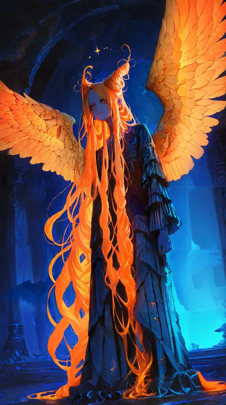 1girl, absurdly long hair, multi_tieded hair, angle wings, blue hue, orange hair,
 <lora:aosiai123_style:0.6> aosiai123_illu  <lora:NLSTN-IL:1> nlstn, glowing,  <lora:748cmSDXL:0.4> 748cmstyle <lora:Zinc_Park_style:1> Zinc_Park_illu
