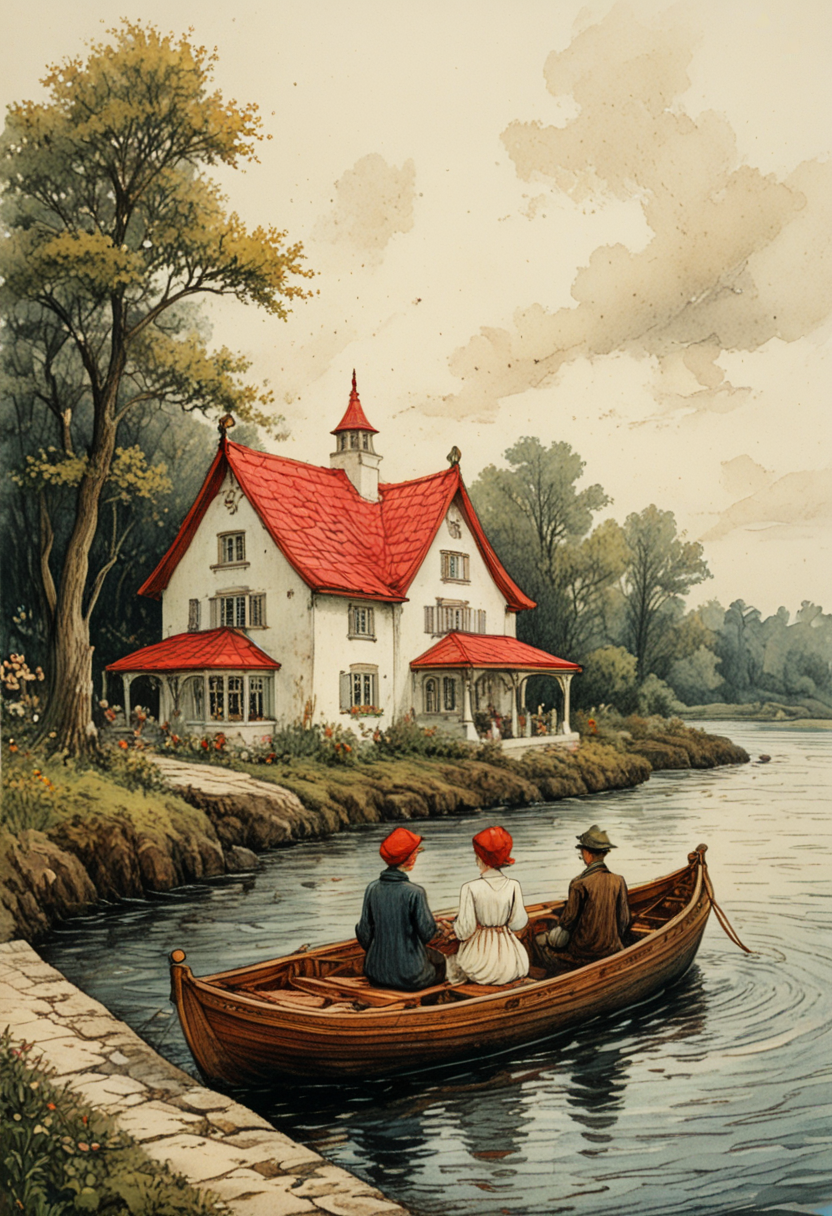 a watercolor painting of people on a boat in front of a white house with a red roof and a man and a woman sit on the, Anton Pieck style, Efteling, Anton Pieck Style, wdblkCE_style, idyllic, romanticized, mood, serene, magical, quiet, peaceful hopeful. pink red yellow white :: rough strokes, gritty, gangly, dark :: Lovely, dynamic, cute