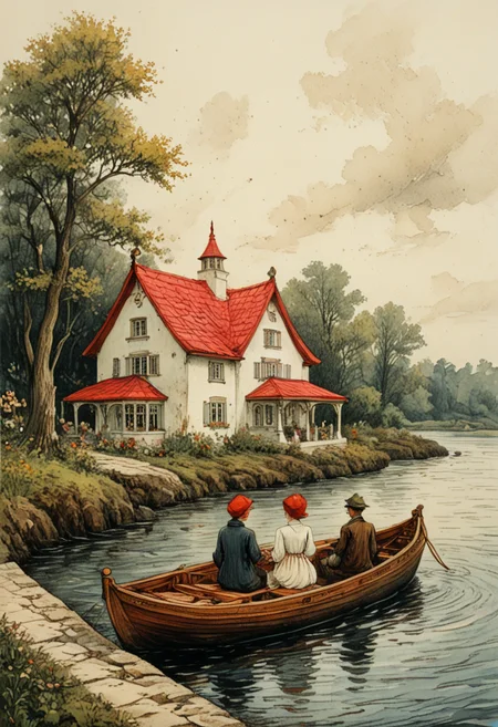 a watercolor painting of people on a boat in front of a white house with a red roof and a man and a woman sit on the, Anton Pieck style, Efteling, Anton Pieck Style, wdblkCE_style, idyllic, romanticized, mood, serene, magical, quiet, peaceful hopeful. pink red yellow white :: rough strokes, gritty, gangly, dark :: Lovely, dynamic, cute