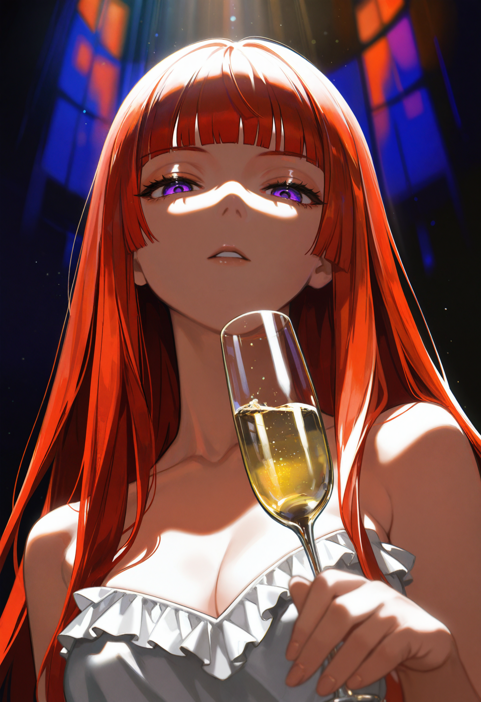 embedding:lazypos, 1girl, solo, red hair, purple eyes, long hair, blunt bangs, parted lips, lipsick, half-closed eyes, looking at viewer, white gown, strapless, cleavage, frilled dress, holding champagne, champagne flute, upper body, from below, light, sidelighting, colorful background, dark background, dim