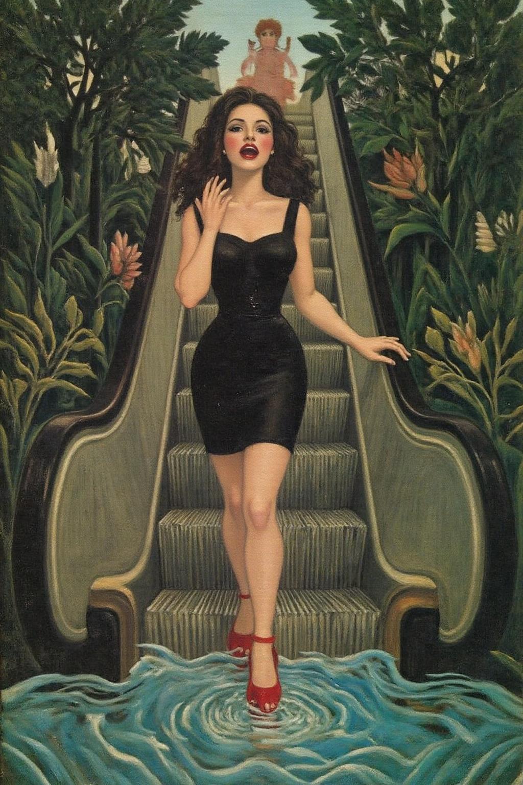 henrou1 painting
a woman in a chic little black dress and vibrant red high heels, gracefully descending an escalator. She wears black lipstick and is screaming. Her attire exudes elegance and sophistication, with the red heels providing a bold pop of color against the classic black dress. The escalator itself, typically found in a mall or airport, leads downwards into an unexpected and dreamlike destinationâ -- pool of rippling water. The water is blue and ripples as the escalator's steps disappear beneath the surface. The woman's posture is poised and confident, as she seems unperturbed by the unusual surroundings. The overall atmosphere is a blend of high fashion and surreal fantasy, capturing a moment that is both elegant and otherworldly,   <lora:henrou1_jungle_cap_d6a3e14:1.0><lora:817725055766214262:0>