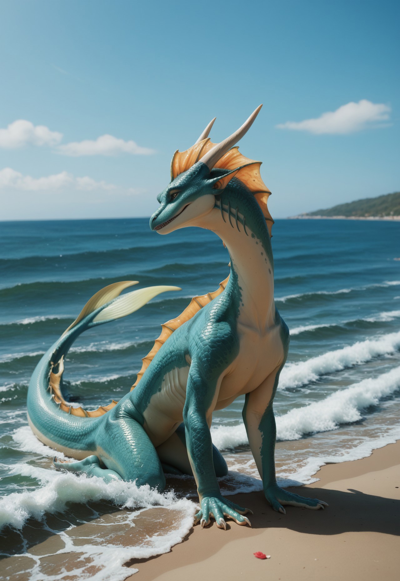 score_9, score_8_up,score_7_up, score_6_up, score_5_up
solo, source_furry, 
feral, female dragon, sea dragon, aquatic dragon, western dragon, webbed claws, frill gills. tail fin, dorsal frill, marine scales, aqua color scales, green frill, two-tone skin, green underbelly,
daytime, beach, waves, ocean, coastline, 