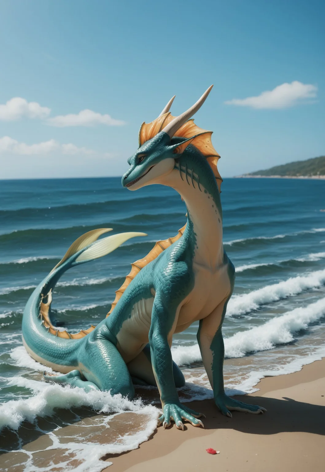 score_9, score_8_up,score_7_up, score_6_up, score_5_up
solo, source_furry,
feral, female dragon, sea dragon, aquatic dragon, western dragon, webbed claws, frill gills. tail fin, dorsal frill, marine scales, aqua color scales, green frill, two-tone skin, green underbelly,
daytime, beach, waves, ocean, coastline,