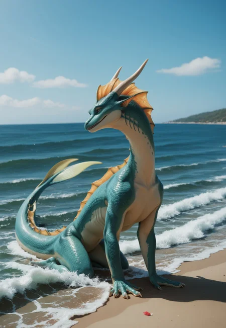 score_9, score_8_up,score_7_up, score_6_up, score_5_up
solo, source_furry,
feral, female dragon, sea dragon, aquatic dragon, western dragon, webbed claws, frill gills. tail fin, dorsal frill, marine scales, aqua color scales, green frill, two-tone skin, green underbelly,
daytime, beach, waves, ocean, coastline,