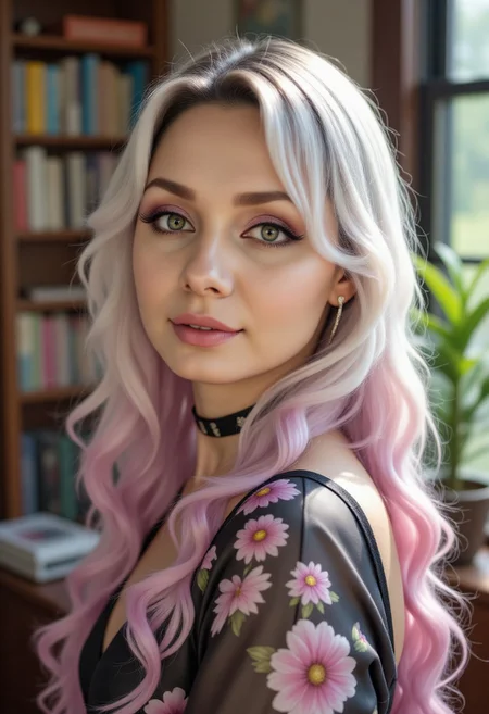 HDR, 8K, high contrast, masterpiece, best quality, amazing quality, very aesthetic, realistic, newest, volumetric lighting, no lineart, no outline, ((ecchi)), (nsfw), (finely detailed face), 1girl, solo, mature woman, long white hair with a pinkish hue, close up, hime cut, sharp eyes, pink lips, mascara, magenta eyes, goth girl, choker, view from behind, turning around, looking at viewer, floral kimono, back tattoo, indoors,