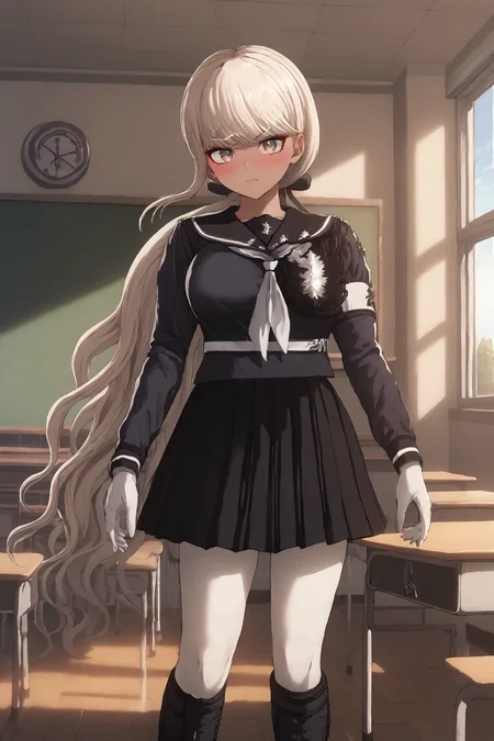 <lora:Tsubasa_Kawana_The_Hundred_Line_Last_Defense_Academy:1>
score_9, score_8_up, score_7_up, anime coloring, detailed face, masterpiece, best quality, very aesthetic, absurdres, volumetric lighting, official style, amazing quality, ultra detailed, highres, amazing quality, scenery, beautiful detailed hair, beautiful detailed eyes,
indoors, in a classroom, student desk, blackboard,
Tsubasa Kawana (character), 1girl, long hair, solo, knee boots, skirt, full body, black footwear, white leggings, pleated skirt, large breasts, white gloves, long sleeves, black skirt, sailor collar, blush, Tsubasa Battle Uniform,
serious expression, :O