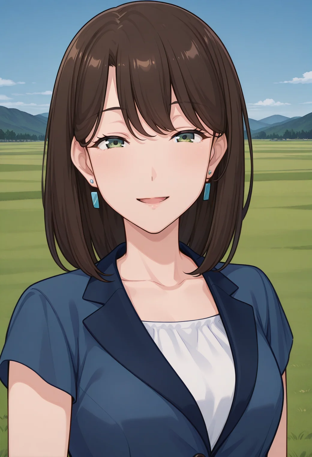 tantei1_yukiko, green eyes, brown hair, medium hair, mature female, earrings, collarbone, short sleeves, blue jacket, <lora:tantei1_yukiko_illustrious_ver1:0.8>
smile,, masterpiece, best quality, sensitive,, 1girl, solo, blue sky, (grasslands:1.2), looking at viewer,, (upper body:1.2), (close-up:1.2), (facing viewer:1.2), (open eyes:1.4), (portrait:1.2)