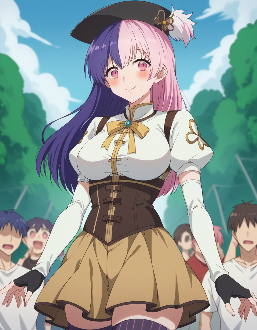 score_9, score_8_up, score_7_up, source_anime, <lora:nagomi-s1-ponyxl-lora-nochekaiser:1>, nagomi, long hair, bangs, purple hair, pink hair, multicolored hair, pink eyes, two-tone hair, split-color hair, large breasts, mature female,, <lora:mami-tomoe-cosplay-ponyxl-lora-nochekaiser:1>, mamitomoecosplay, tomoe mami (cosplay), black gloves, black headwear, black thighhighs, brown skirt, detached sleeves, fingerless gloves, gloves, magical girl, pleated skirt, puffy short sleeves, short sleeves, skirt, corset, striped clothes, striped thighhighs, white shirt, white sleeves, ribbon,, outdoors, street, smile, blush, , dutch angle, cowboy shot