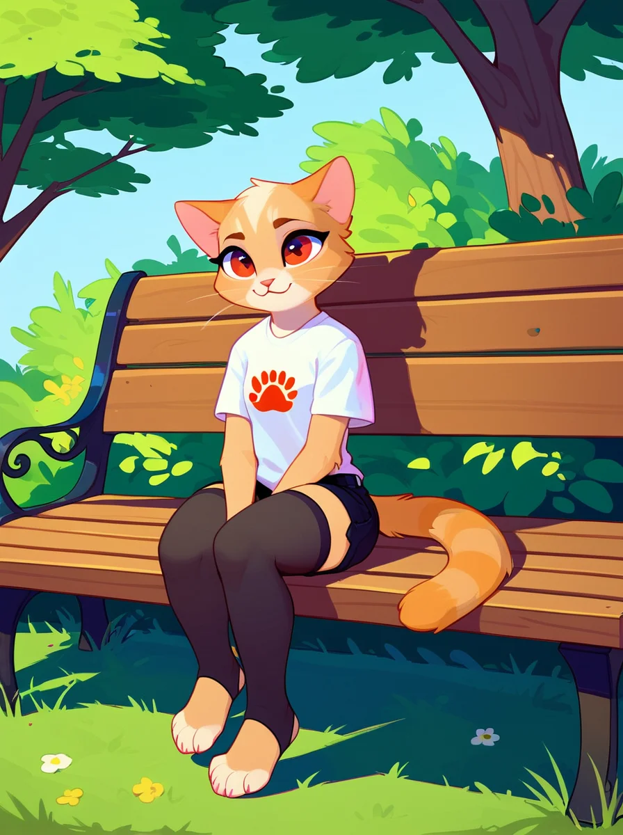 score_9, score_8_up, score_7_up, PDXL, <lora:PudgeRuffianV1:1.0>, pudgeruffian,
1girl, cute face, detailed eyes, furry, anthro, cat girl, sitting on a bench, white-t-shirt, black shorts, dark red toeless stockings BREAK park in the background