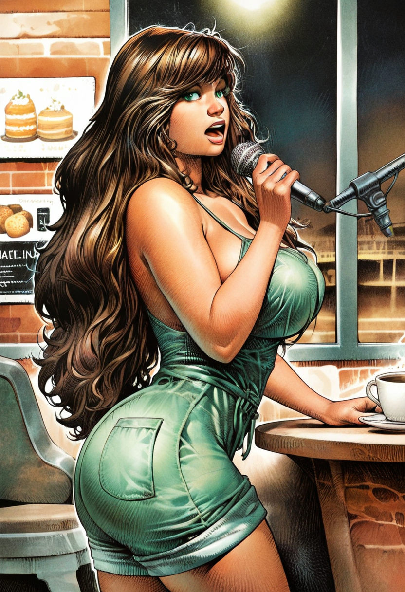 masterpiece, best quality, amazing quality, western_comics_(style) , 1girl, solo, large breasts, Posing as if singing into a microphone, vanishing_point, Emerald short jumpsuit, very long hair, bob, Brown hair, cafe, head_out_of_frame, <lora:Illustrous\paolo_eleuteri_serpieri_IL:1.0>