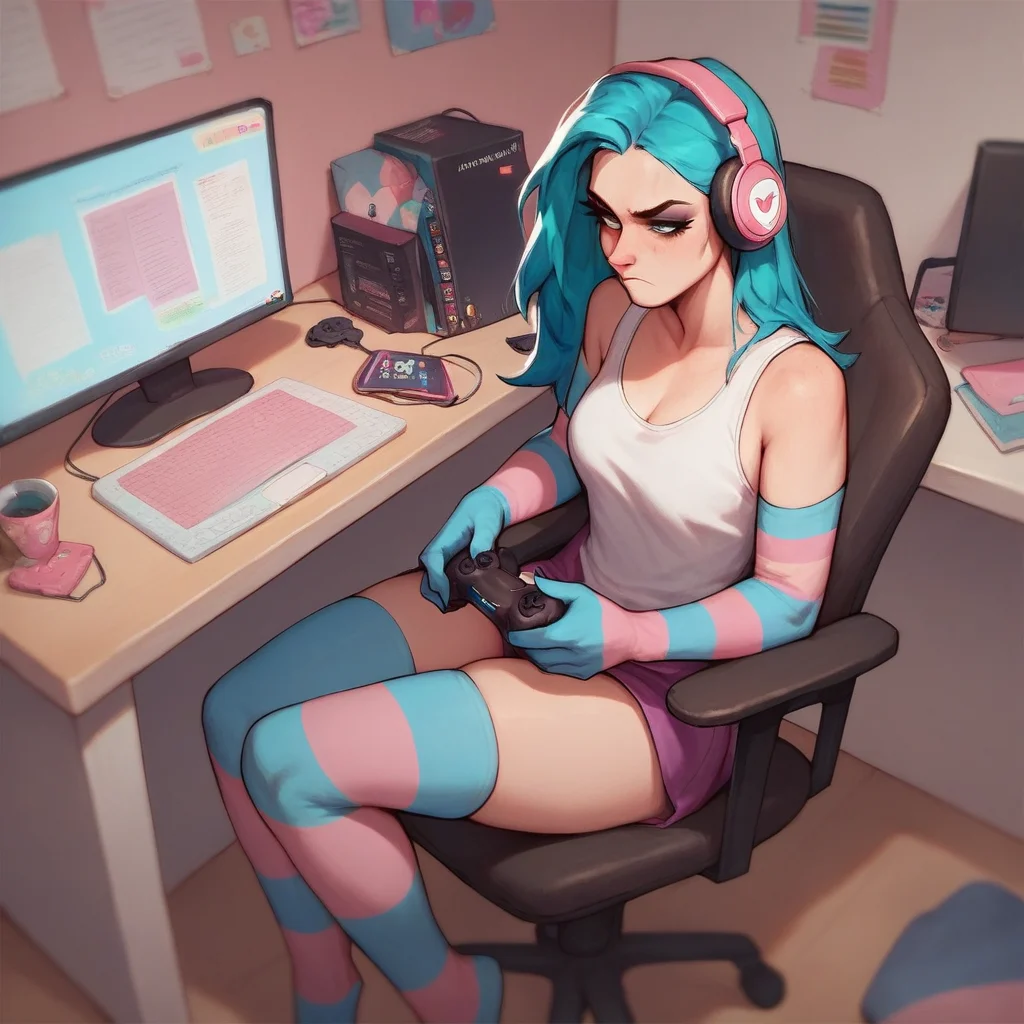 score_9, score_8_up, score_7_up, score_6_up,
dimly lit, computer chair, desk, bedroom, playing games,
1girl, breasts, tank top,
transgender pride colors,
elbow gloves, trans elbow gloves, striped gloves, thighhighs,
headphones, annoyed, holding controller,
<lora:trans_colors-v15:0.8>