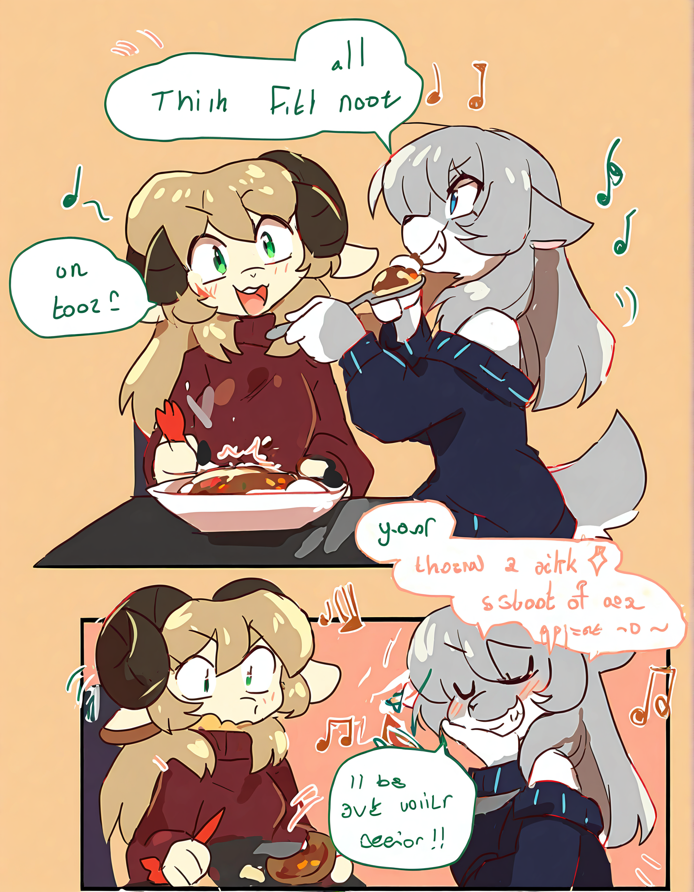 fiddleafox,
furry female, furry, food, green eyes, 2girls, animal ears, horns, multiple girls, sensitive, smile, blue eyes, tail, musical note, feeding, chair, closed eyes, sheep horns, eating, teeth, long hair, sweater, looking at another, grin, shirt, spoon, simple background, sitting, sheep girl, holding, fork, table, blush, sheep ears, grey hair, goat girl, comic, bowl, off shoulder
very awa, masterpiece, best quality, year 2024, newest, highres, absurdres, <lora:fiddleafox-style-noobai-vpred10:1>