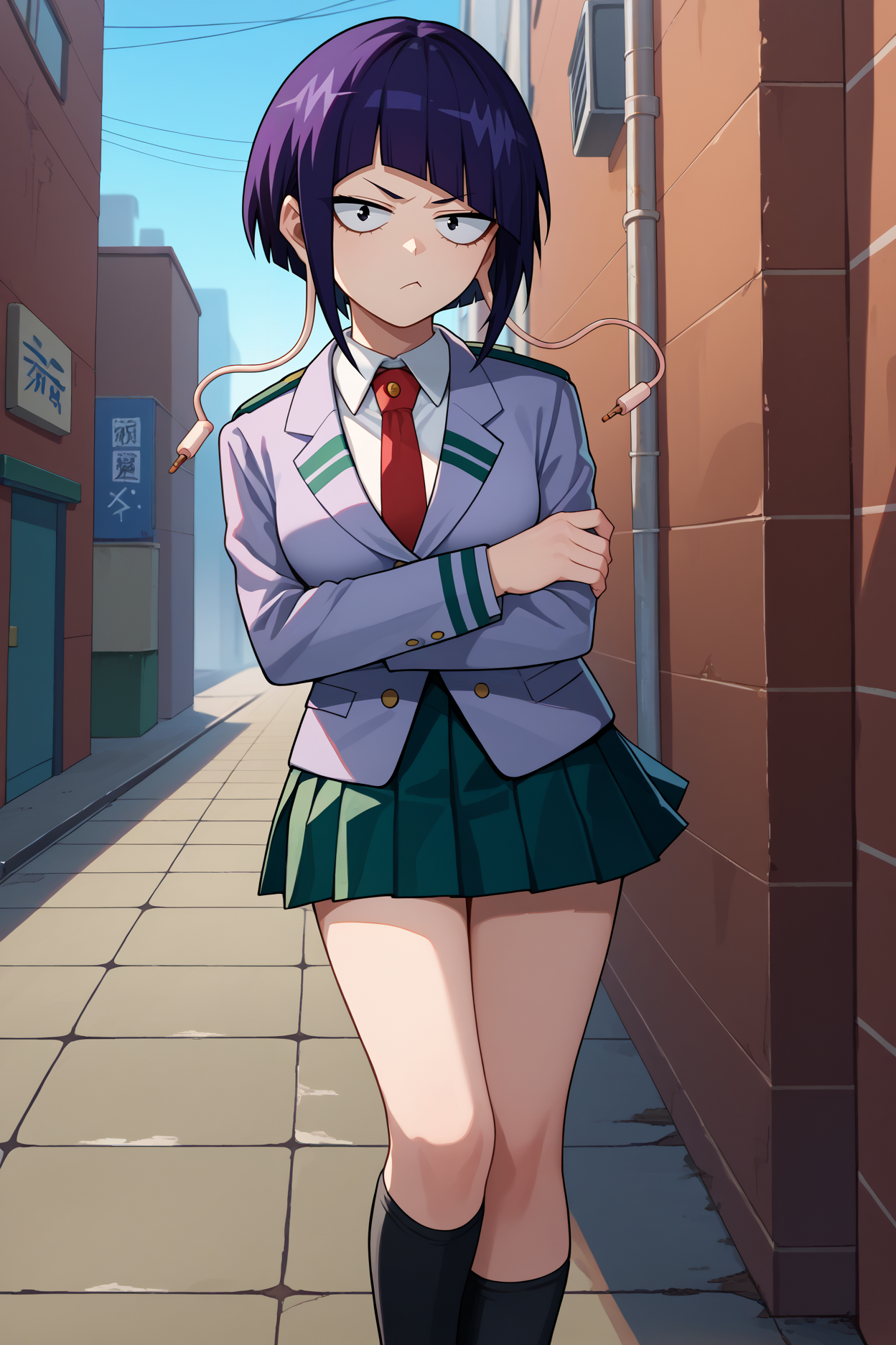 score_9, score_8_up, score_7_up, score_6_up, source_anime, 1girl, solo  <lora:kyoukajiro-pdxl-nvwls-v1-000006:1> bnhakj, black hair, purple hair, short hair, blunt bangs, black eyes, audio jack, long earlobes, grey blazer, white shirt, collared shirt, red necktie, dark green skirt, pleated skirt, black socks, loafers, pout, crossed arms, looking at you, annoyed, medium breasts, city, alleyway, blue sky