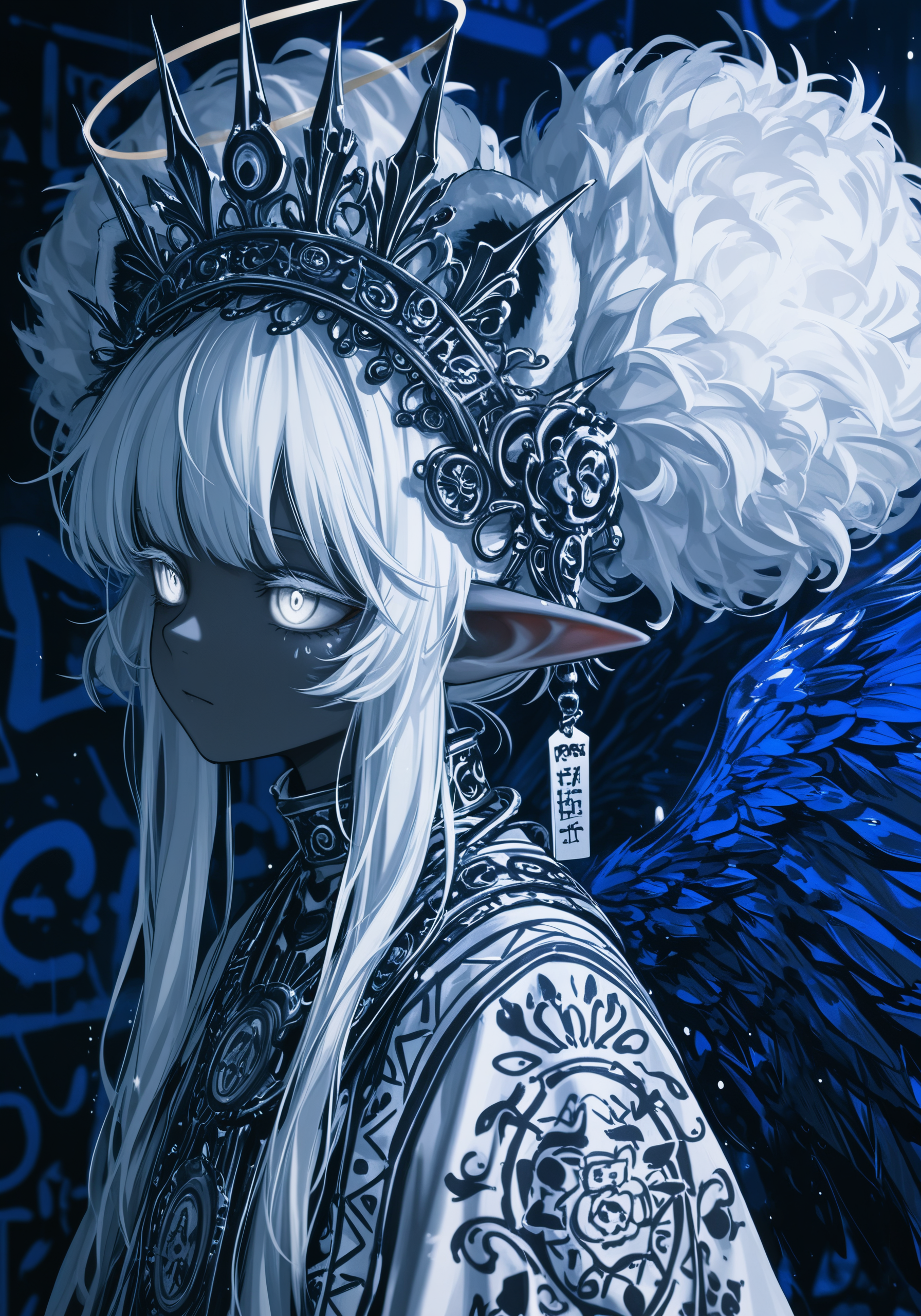 masterpiece, best quality, upper body, (portrait:0.8), (monochrome:0.65) style ink illustration of a girl with elf ears and short light-colored hair, anime, (tribal:0.9) white poncho, splash of indigo color, feather_headdress, dramatic lighting, ultra-violet,
BREAK
graffiti style breathtaking texture masterpiece, best quality, best quality, [quasarcake:crain1art:9], [dlgeria::9], (xxyt-xx:0.85), chen bin, (as109:0.5), fagun_yibei, berryverrine,
masterpiece, best quality, good quality, solo, wings, 1girl, golden halo, white eyes, long hair, two wings, (Cobalt blue, dark blue theme:1.0), angel wings, (spot color), looking away, (monochrome:0.77), angel, simple background, white hair, black, white dress, (greyscale:0.7), closed mouth, depth of field, dynamic, floral background, anime wallpaper, anime character, white hair, gold eyes, (dark skin), (fluffy big hair), white tiger ears, solo, girl, water particles, safe, dutch_angle, top down close-up, masterpiece, award-winning, professional, highly detailed . street art, vibrant, urban, detailed, tag, mural,
BREAK
[texture masterpiece, best quality, best quality, [quasarcake:crain1art:9], [dlgeria::9], (xxyt-xx:0.85), chen bin, (as109:0.5), fagun_yibei, berryverrine,
cinematic, 1girl, green, fluffy hair, from side, looking ahead, afro puffs, hair_flaps, big hair, animal_ears top down close-up]